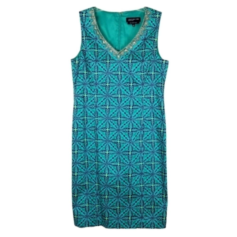 Jones New York Stretch Seleveless V Neck Beaded Midi Dress Size 10 Vibrant Print